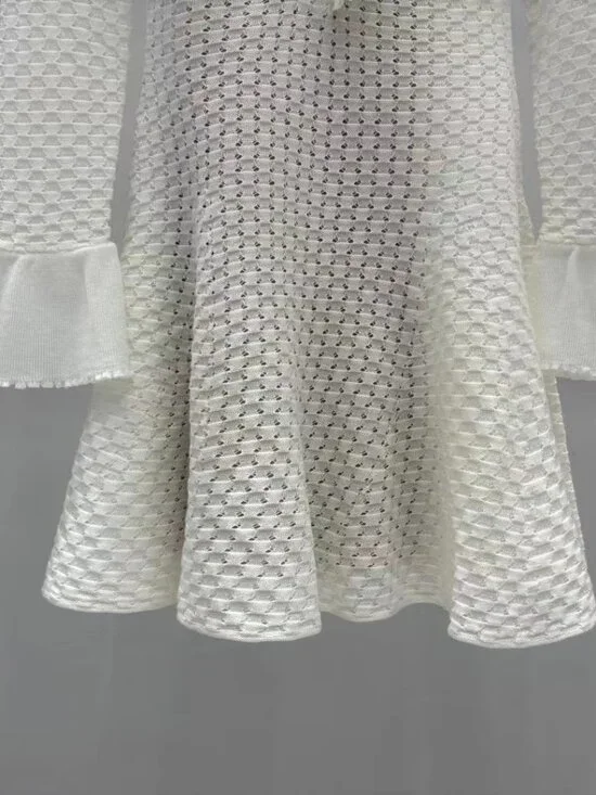 Self-Portrait White Textured Knit Ruffle Collar Mini Dress - Picture 4 of 8